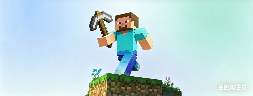 方块风格角色在浮空草地平台上奔跑、高举镐子的游戏主视觉插画